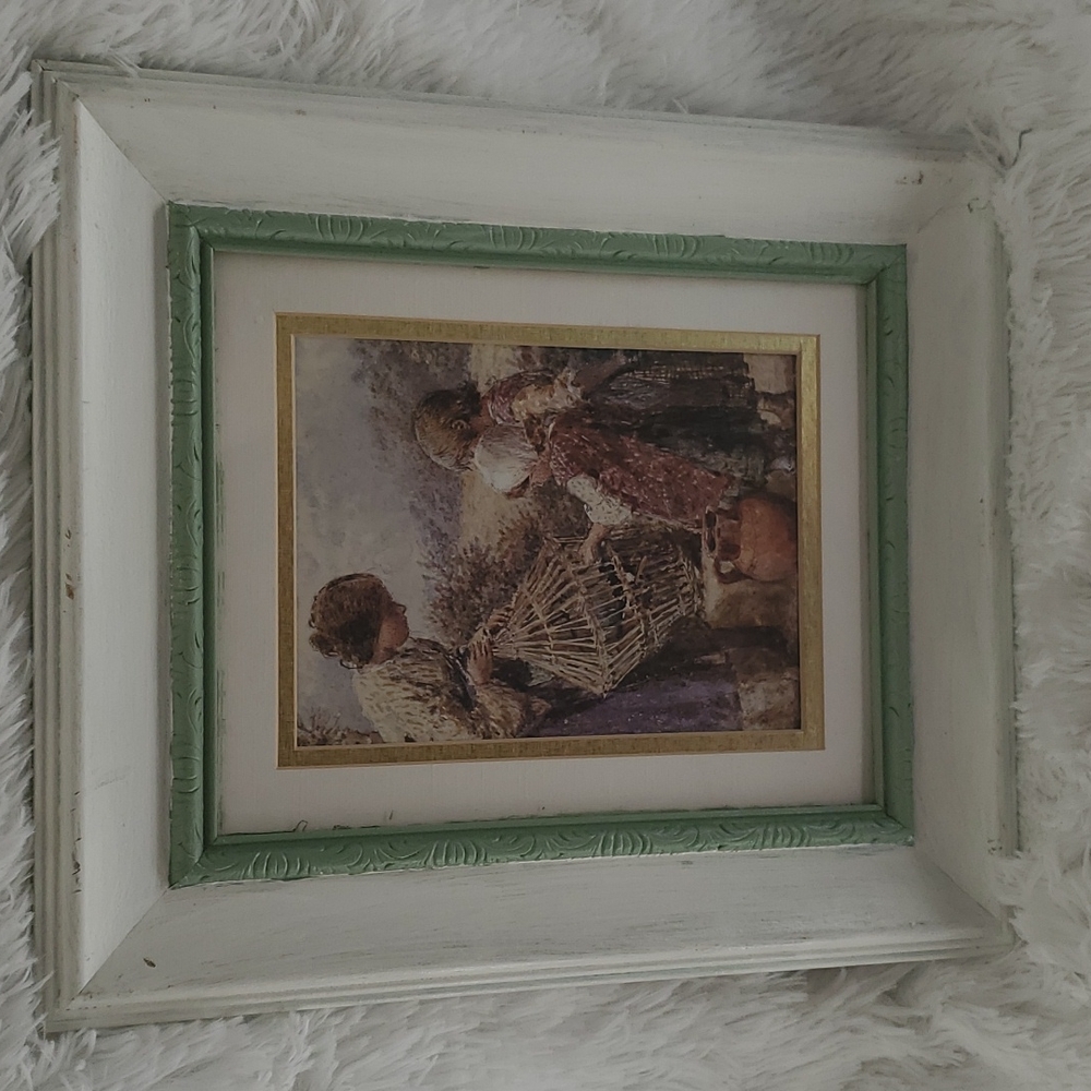 Vintage framed artwork, woman children and birdcage